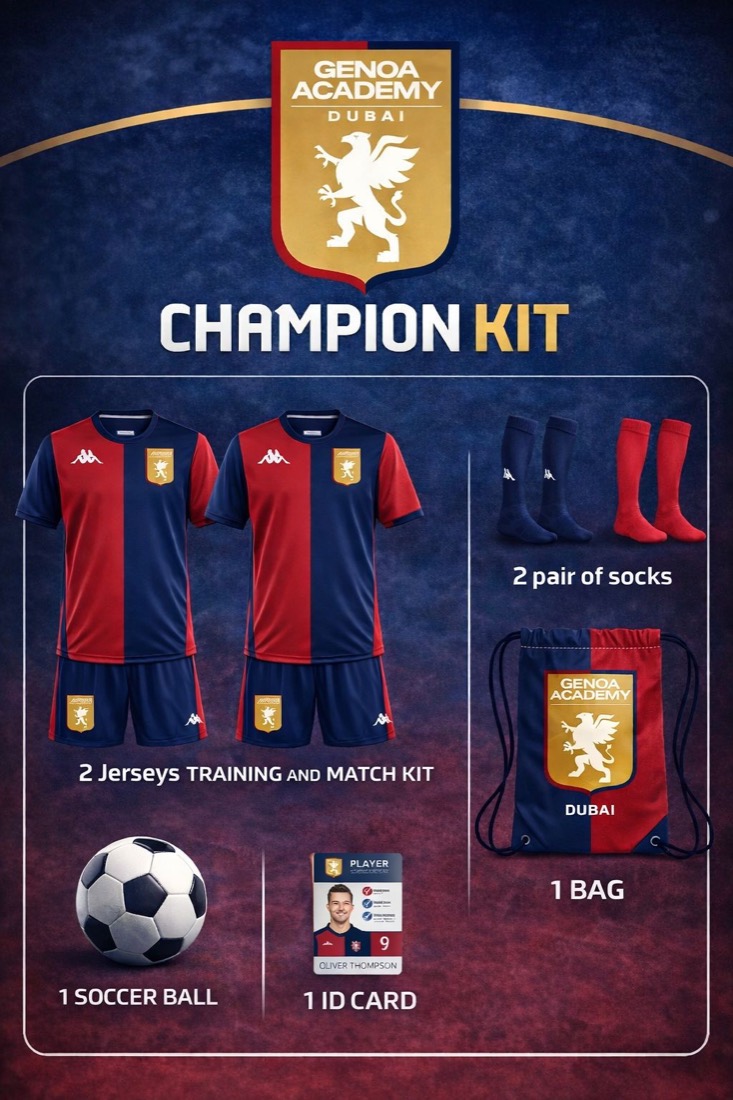 The Genoa Academy Dubai Champion Kit — jerseys, socks, bag, ball and player ID card